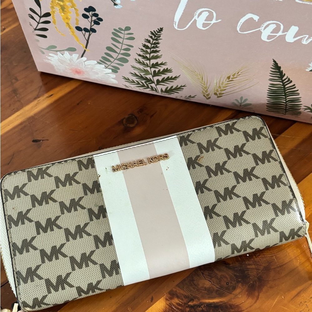 Michael Kors Zip-Around Wallet in Light Pink-Beige with Gold Hardware